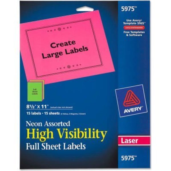 Avery Avery® High-Visibility Laser Labels, 8-1/2 x 11, Assorted Neons, 15/Pack 5975